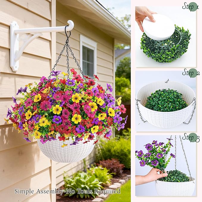 Der Rose Artificial Hanging Flowers Basket for Faux Plants Outdoors UV Resistant Fake Hanging Spring Flowers in Basket for Patio Balcony Farmhouse Outside Decor