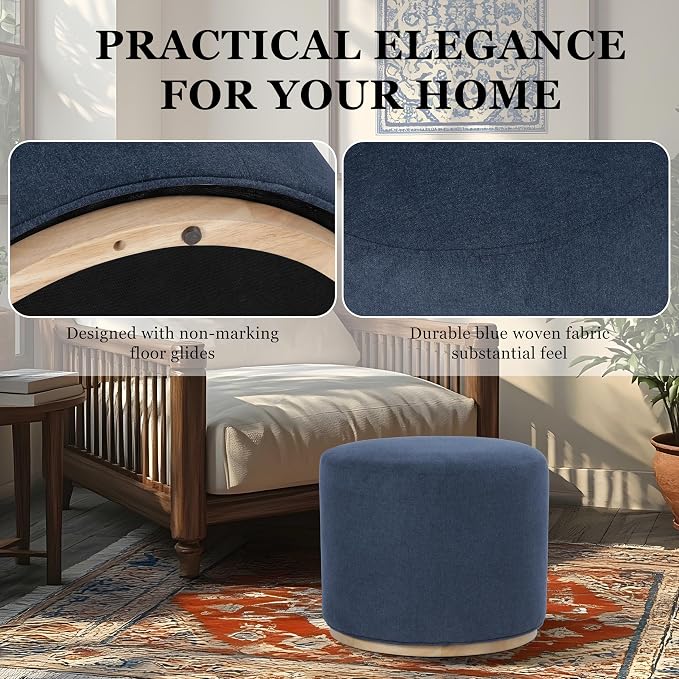 Spatial Order 22" Round Ottoman with Wooden Base - Blue Woven Fabric