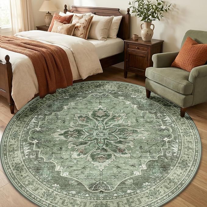 RELEANY Area Rugs Round 6ft Washable Non-Slip, Floral Vintage Distress Medallion Carpet for Living Room Bedroom Dining Room, Dark Green Gray