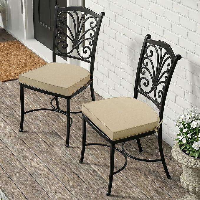 Outdoor Chair Cushions, Fade-Resistant & Water-Resistant, D Shaped Patio Furniture Seat Chair Pads Replacement with Ties, Non-Slip Bottom, Removable Cover, Set of 6, 18.5 x 16 Inch, Natural