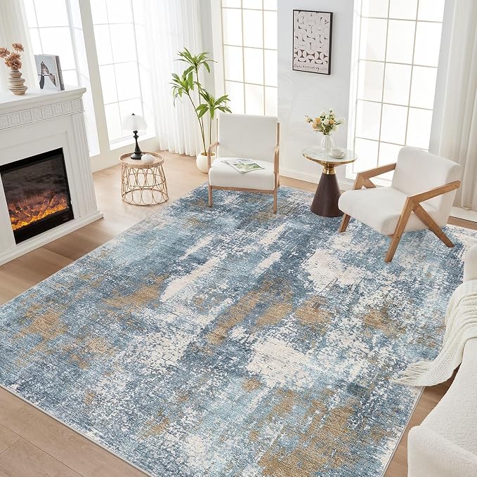 DMOYEST Area Rug Living Room Rugs - 8x10 Washable Large Soft Indoor Neutral Modern Abstract Low Pile Rug Carpet for Bedroom Dining Room Farmhouse Home Office - Blue Brown
