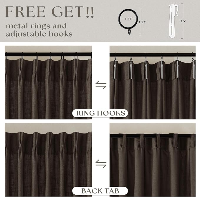 TWODRAPES Dark Chocolate Pinch Pleated Linen Curtains 2 Panels for Living Room Bedroom Memory Training Shaped Semi Sheer Pleat Drapes with Hooks Rings Light Filtering Window Curtain 40x45
