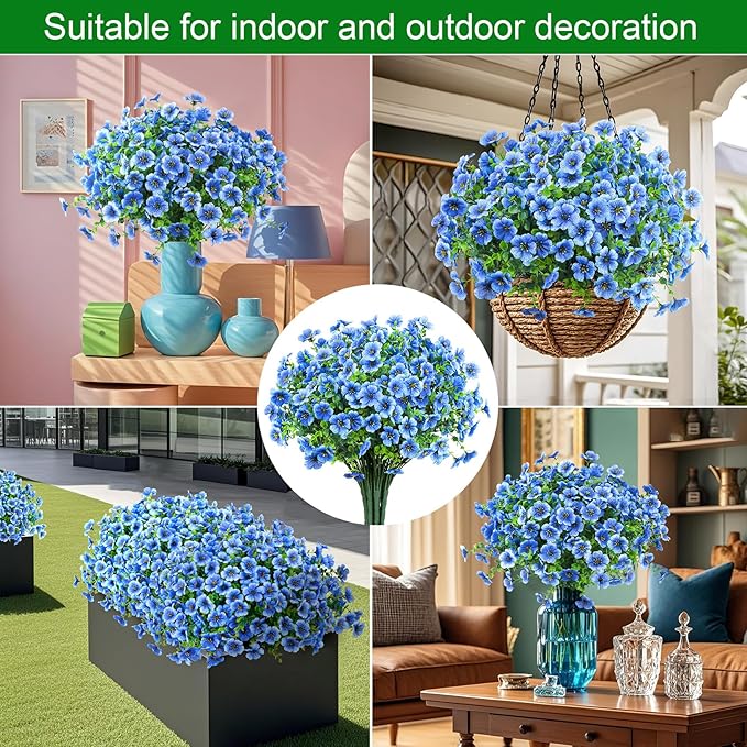 Ouddy Decor 12 Bundles Artificial Flowers for Outdoors Fake Silk Flowers UV Resistant Faux Plastic Plants for Spring Summer Garden Porch Window Box Table Vase Home Indoor Outdoor Decoration, Blue