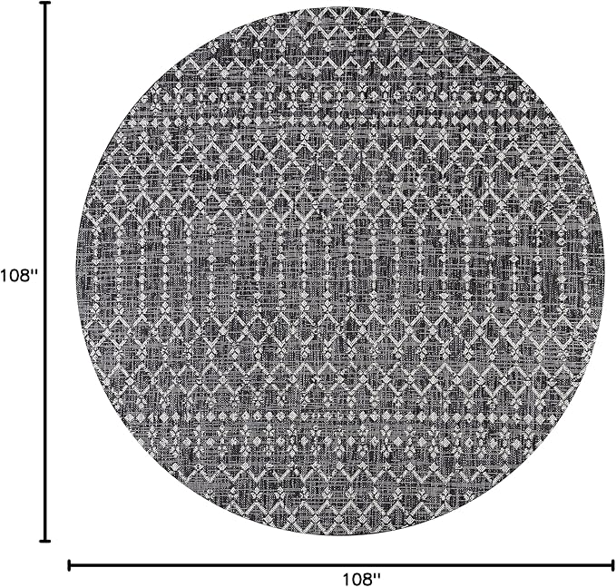 JONATHAN Y Moroccan Geometric Indoor Outdoor Round Area Rug 9 Ft Black/Gray, Ourika Textured Weave for Backyard, Patio, Porch, Easy-Cleaning, High Traffic, Pet-Friendly, Non-Shedding (SMB108F-9R)