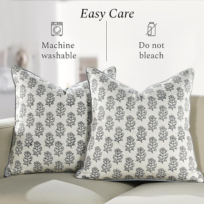 CPC 100% Cotton Throw Pillow Covers 18x18 Inch, Set of 2 Pink Block Print Pattern Couch Pillow, Cute Boho Decorative Pillows for Living Room, Bedroom with Hidden Zipper- Misty Grey Floral