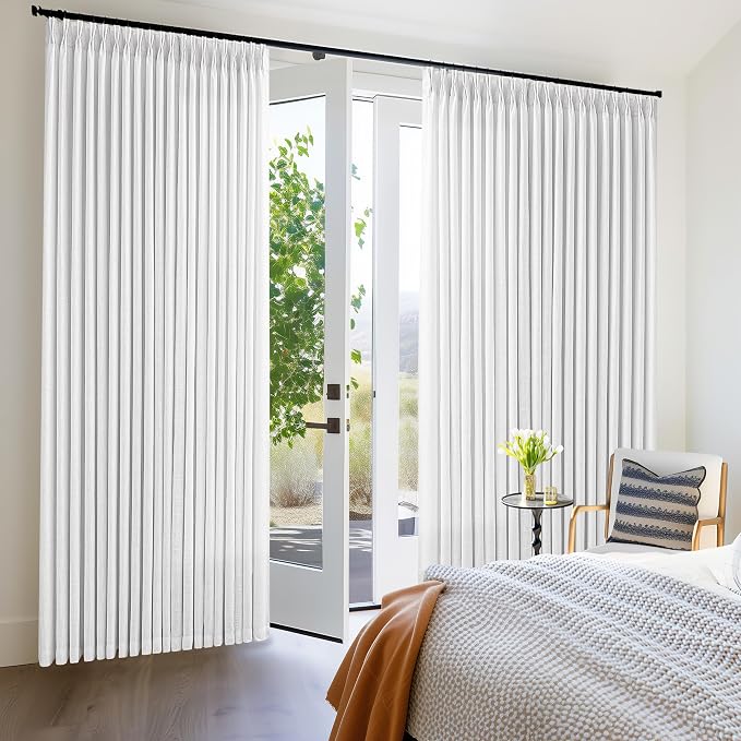 Extra Wide Pinch Pleated Linen Curtains 84 Inches Long 100 Inch Width for Living Room Bedroom Light Filtering Semi Sheer Pleat White Window Curtain Boho Pinch Pleated Drape Hooks Rings 1 Panel 100x84