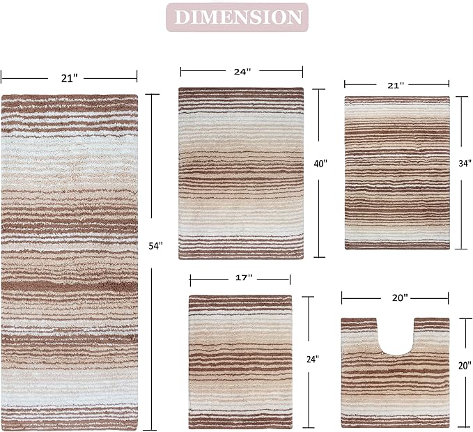 Home Weavers 100% Cotton Gradiation Collection Bathroom Décor | Washable Rug | Bathroom Mat | Kitchen Mat | Bathroom Rug Set | Bath Mat Set | Bath Floor Mat Non Slip, 5 Piece Set with Contour, Beige