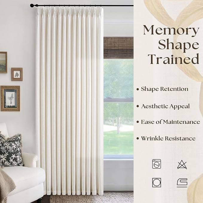 Pinch Pleat Extra Wide 84 x 108 Inch Linen Curtains for Living Room Pleated Drapes with Hooks Rings Light Filtering Cream Ivory Patio Sliding Door Big Window Curtains 108 Inch Length 84 Inch Width