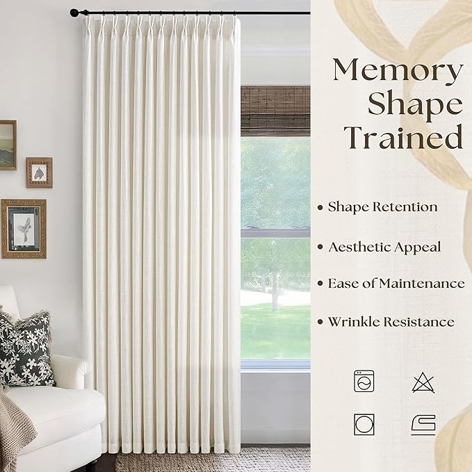 Pinch Pleated Linen 102 Inch Curtains 84 Inch Width for Living Room Divider Light Filtering Semi Sheer Cream Back Tab Extra Wide Patio Curtains for Sliding Door Balcony Floor Ceiling Window 84x102