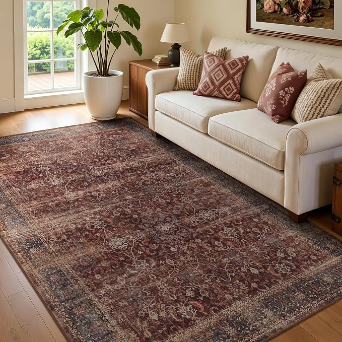 Brick Red 4x6 Washable Rug, Small Area Rugs Non Slip for Entryway Kitchen Bathroom, Vintage Farmhouse Low Pile Thin Print Throw Carpet for Foyer/Nursery/Home Office/Living Room/Bedside