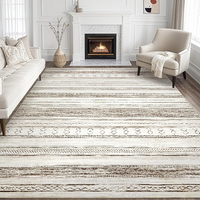 Tortania Area Rug Living Room Rugs - 11x14 Washable Large Soft Neutral Boho Moroccan Bohemian Farmhouse Rug Indoor Floor Carpet for Bedroom Under Dining Table Home Office Decor - Cream Brown