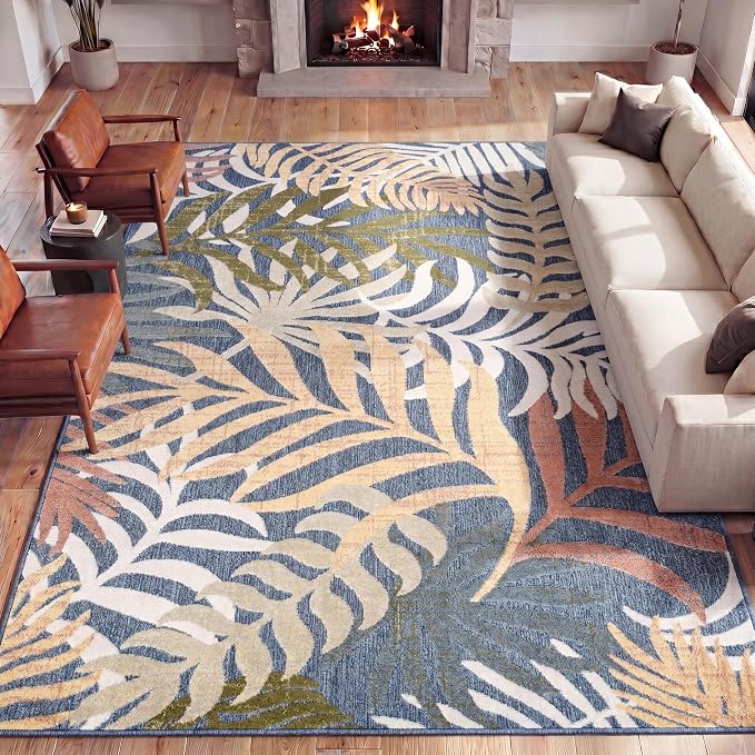 JONATHAN Y Tropics Palm Leaves Indoor Outdoor Area Rug 5x8 Dark Blue/Multi | Ships Rolled, Durable Flat Weave, Lays Flat for Backyard, Patio, Porch, Easy-Cleaning, High Traffic,Pet-Friendly,Non-Shedding