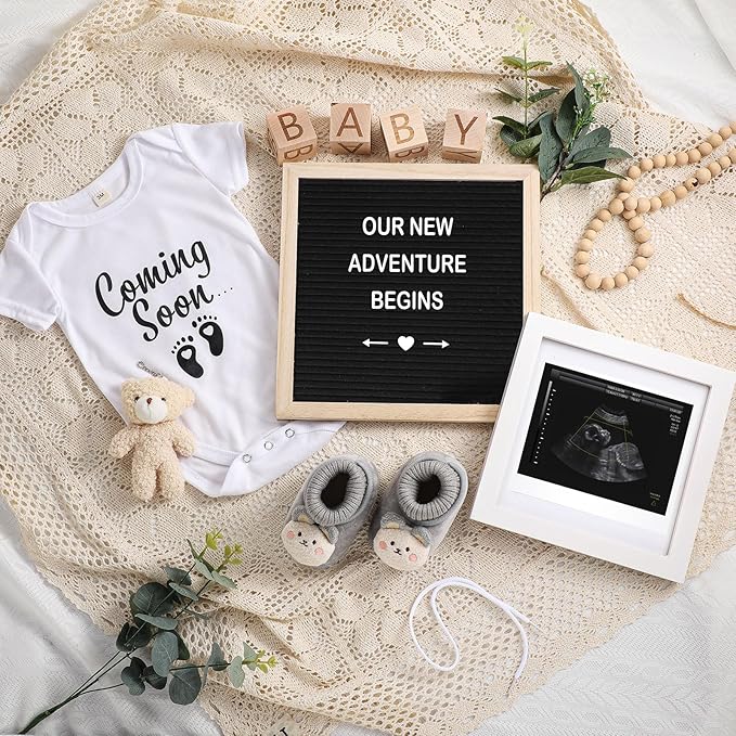 Canlierr 9 Pcs Pregnancy Announcement Set Pregnancy Reveal Ideas Felt Letter Board Baby Bodysuit Booties Photo Frame Bear Plush Wood Blocks for Coming Soon Baby Announcement(Black)