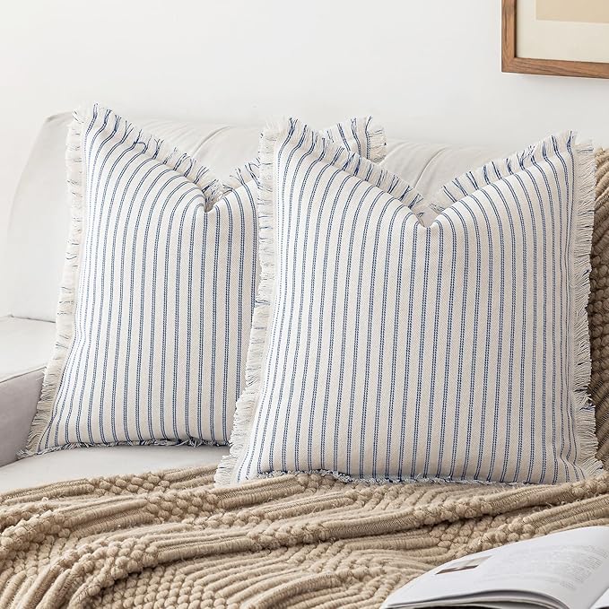 YEENAASY Throw Pillow Covers 18x18 Set of 2 Striped Fringe Pillow Cover Farmhouse Cushion Covers with Tassel Neutral Boho Pillows Decorative Square Pillowcase for Couch Sofa Bed, Blue