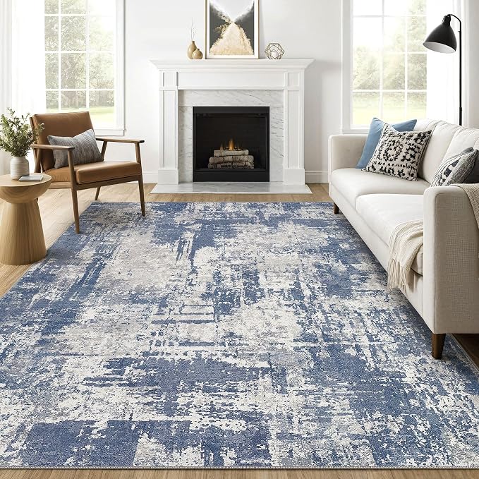 7x9 Area Rug Living Room: Washable Large Abstract Modern Soft Rug Stain Resistant Indoor Floor Non Slip Accent Carpet for Bedroom Nursery Playroom Dining Room Office Dorm Home House- Navy Grey