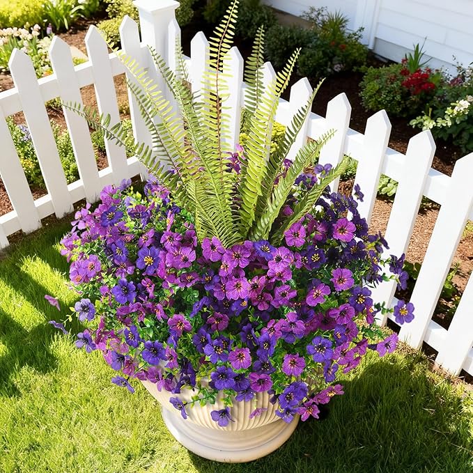 INQCMY Artificial Flowers for Outdoor 12 Pcs Faux Silk Daisy and 1 Pcs Fake Long Leaved Grass UV Resistant Tall Ferns for Home Doorway Courtyard Garden Backyard Decorative