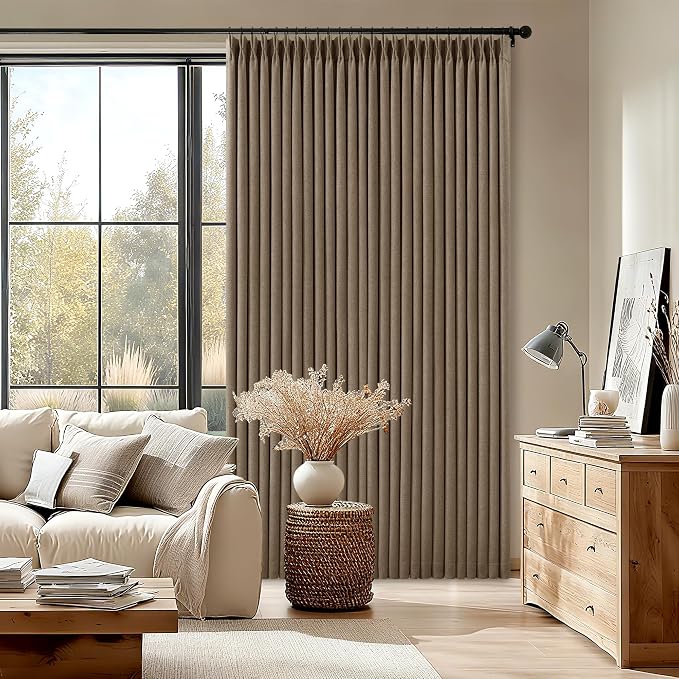 Latte 96 Inch Pinch Pleated Blackout Linen Curtains for Bedroom Living Room 2 Panels Set Memory Trained 100% Black Out Soundproof Room Darkening Window Curtains Double Layer Pinch Pleat Drapes