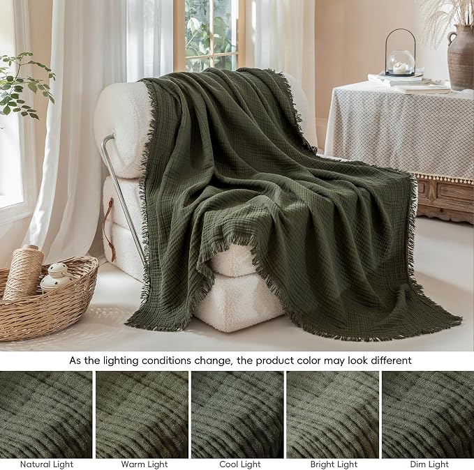 Muslin Fringe Blankets for Adults: 100% Cotton Cloud Soft | 4-Layer Gauze Breathable Lightweight All Season Throw Blanket for Bed Couch Sofa Office