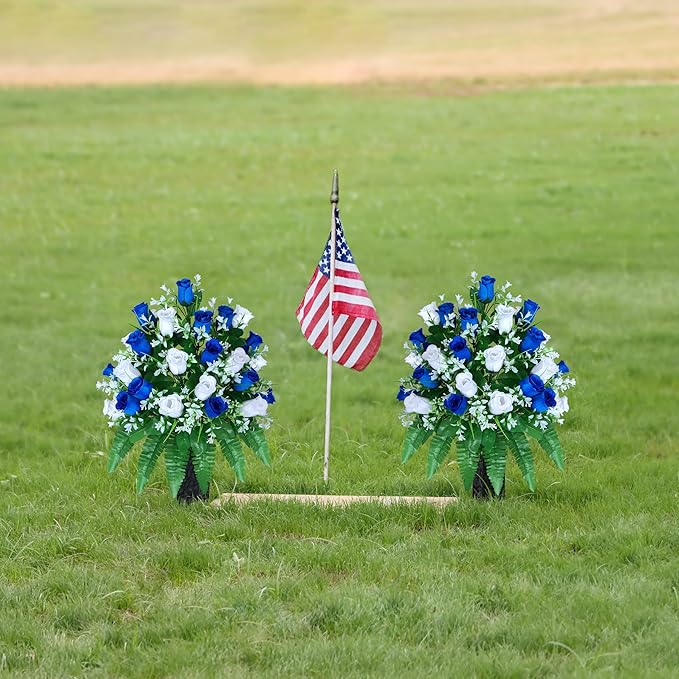 LVXINLI Artificial Cemetery Flowers, Gravesite Decoration Roses, Memorial Bouquets with Cemetery Vase, Vibrant and Long-Lasting Colors (Dark Blue+White, 2 Bundles)