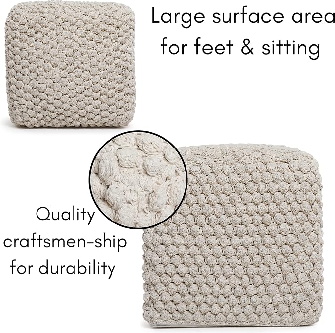 BIRDROCK HOME Square Pouf Ottoman Foot Rest - 18” Compact Comfortable Soft Cotton Knit Bean Bag Floor - Chair Foot Stool Seat for Living Room, Bedroom, or Kids Room (Natural Bud)