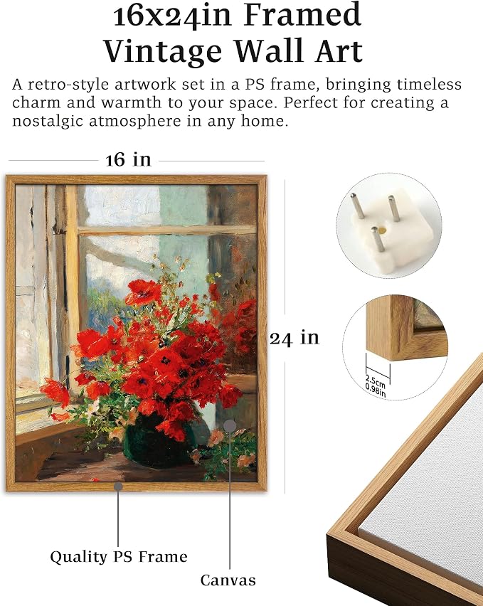 UPWOIGH Red Poppy Framed Impressionist Wall Art, 16 x 24 Inch | Red Poppy Bouquet by a Sunlit Window, Impressionist Oil Painting Style, Warm Wood Frame for Living Room and Bedroom