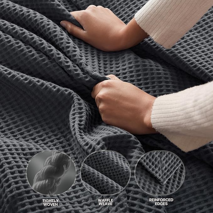 Madison Park 100% Cotton Blanket, Trendy Woven Waffle Weave Design, All Season, Lightweight, Breathable, Soft and Cozy Casual Summer Cover, for Bed, Couch and Sofa, Full/Queen, Dark Grey