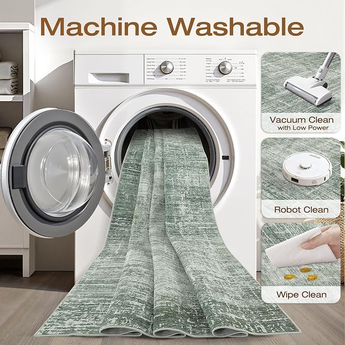 5x7 Area Rugs Living Room: Washable Large Neutral Rug Abstract Soft Modern Stain Resistant Indoor Floor Non-Slip Carpet for Bedroom Nursery Kids Office Playroom Dining Room Under Table- Dark Green