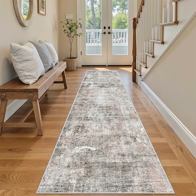 Soalmost Washable Runner Rug, 2'6" x 8' Non-Slip Kitchen Vintage Foldable 2.5x8ft Hallway Runners for Entryway, Laundry, Bedroom, Pink/Grey