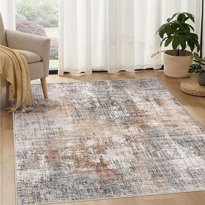 DMOYEST Square Area Rug Living Room Rugs - 6x6 Washable Large Soft Indoor Neutral Modern Abstract Low Pile Rug Carpet for Bedroom Dining Room Farmhouse Home Office - Grey Brown