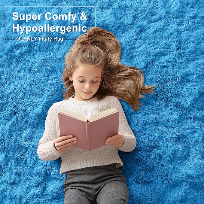 OLANLY 5x8 Machine Washable Large Area Rugs for Living Room, Bedroom, Soft Fluffy Shaggy Bedside Rug, Indoor Floor Carpet for Kids Girls and Boys, Dorms, Nursery, Home Decor Aesthetic, Bright Blue