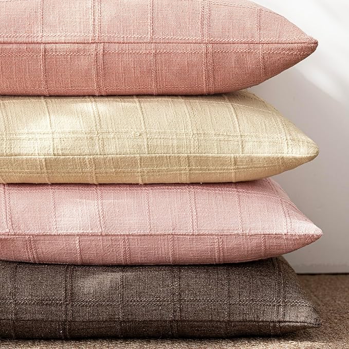 Foindtower Set of 2 Decorative Linen Check Throw Pillow Covers Neutral Farmhouse Vintage Cushion Covers Modern Boho Accent Home Decor for Sofa Chair Couch Bedroom Living Room,24×24 Inch,Light Pink