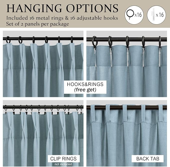 Stone Blue Linen Pleated Curtains 96 Inch Long for Bedroom 2 Panels Modern Simplicity Farmhouse Coastal Decor Semi Sheer Drape for Living Room Dinning Patio Door Dusty Blue Gray Pinch Pleat Back Tab