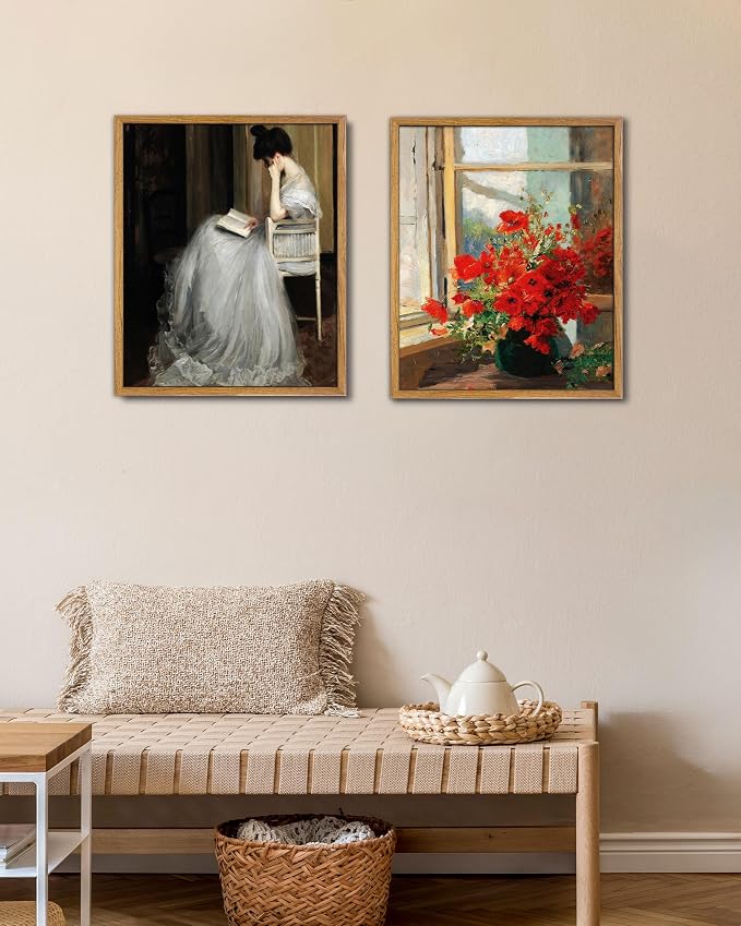 UPWOIGH The Reader Framed Portrait Wall Art, 16 x 24 Inch | Seated Woman Reading in a Flowing White Gown, Vintage Impressionist Style, Warm Wood Frame for Bedroom and Reading Nook