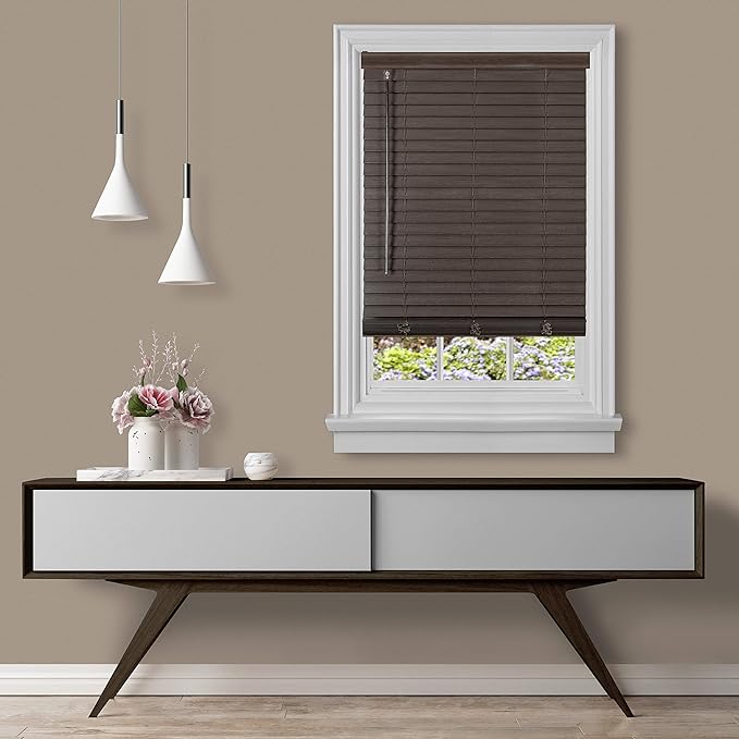 Cordless Room Darkening Plantation Blind - 35 Inch Width, 64 Inch Length, 2" Vinyl Slat Size - Mahogany - GII Madera Falsa Faux Wood, Light Filtering Horizontal Windows Blinds by Achim Home Decor