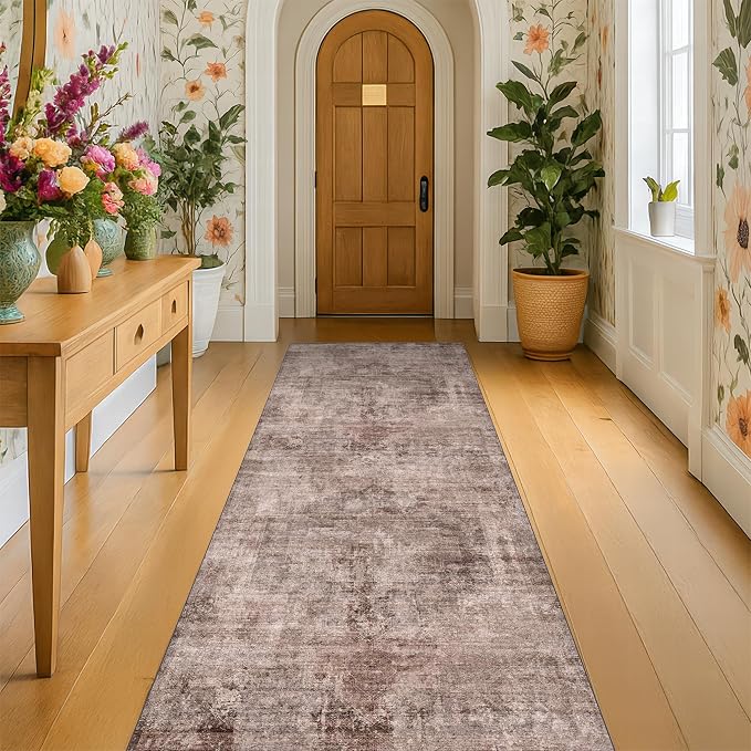 Hazo Haus 2'6" x 8' Washable Red Brown Hallway Runner Rug, Non-Slip Low-Pile