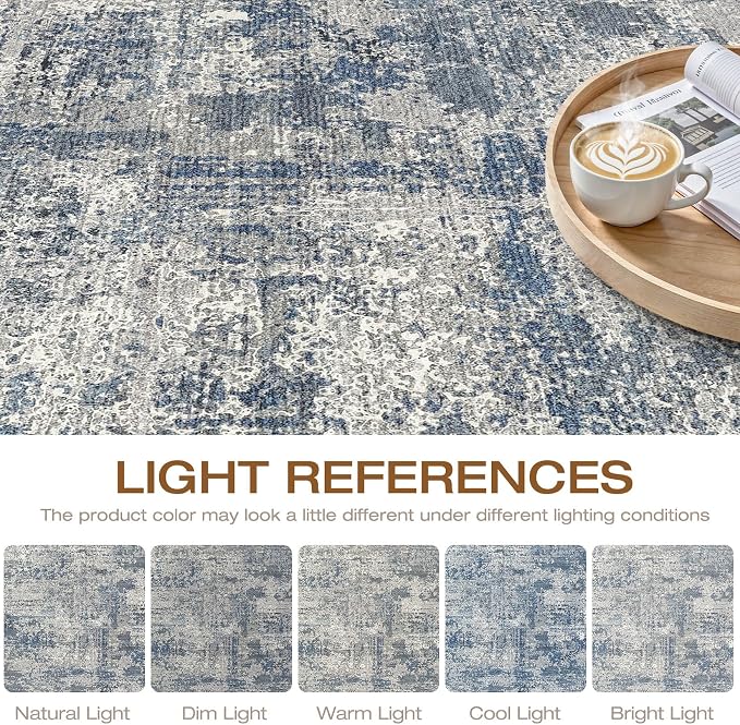 7x9 Area Rug Living Room: Washable Large Neutral Rug Abstract Soft Modern Stain Resistant Indoor Floor Non-Slip Carpet for Bedroom Nursery Kids Office Playroom Dining Room Under Table- Blue Gray