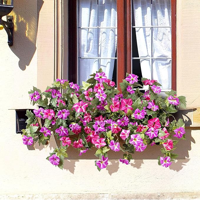Ammyoo 4 Pcs Artificial Fake Petunia Flowers for Outdoor Decoration, Faux Silk Petunias Flower for Spring UV Resistant Realistic Plants for Garden Balcony Yard Porch Indoor Decor(Fuchsia Lotus)