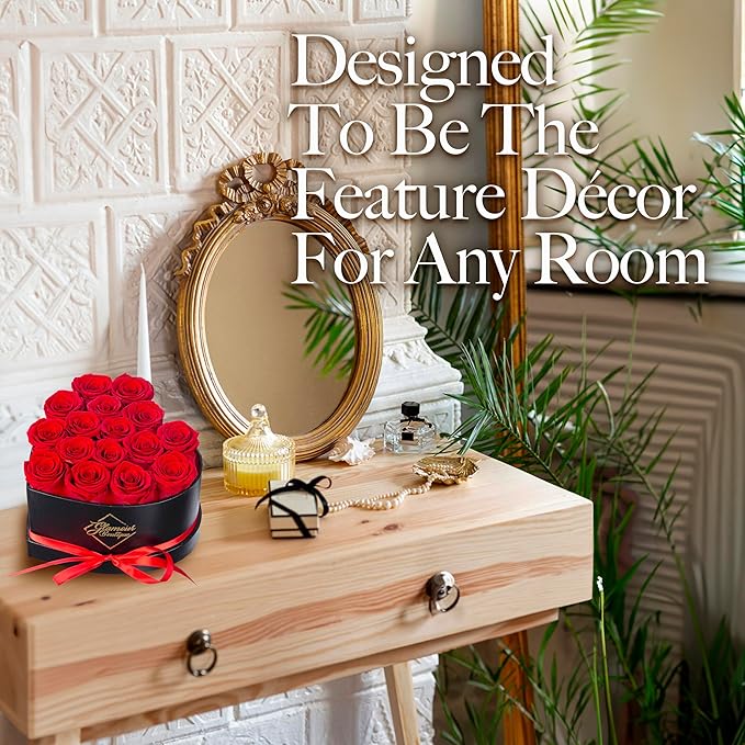 GLAMOUR BOUTIQUE 16 Flower Forever Heart Shape Box, Eternal Preserved Roses Gift for Her, Lasting Flowers, Romantic Floral Keepsake for Birthday, Anniversary or Valentine’s Day, Red (Color-Treated)