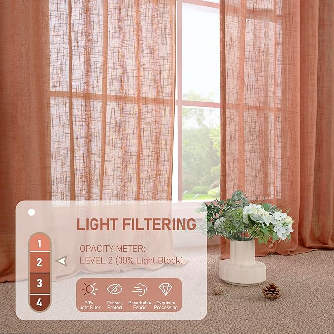 LAMIT Terracotta Linen Boho Curtains 80 inch Length, Light Filtering Semi Sheer Panels Back Tab and Rod Pocket Neutral Panels for Bedroom/Living Room, 52 x 80 Inch