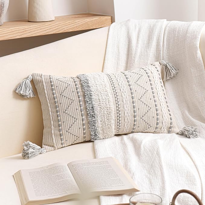BlissBlush Decorative Lumbar Throw Pillow Covers 12x20 Combo Set of 2 Gray Rectangular Boho Accent Pillowcase Neutral Grey Farmhouse Cushion for Couch Sofa Bedroom Living Home Décor Cover ONLY