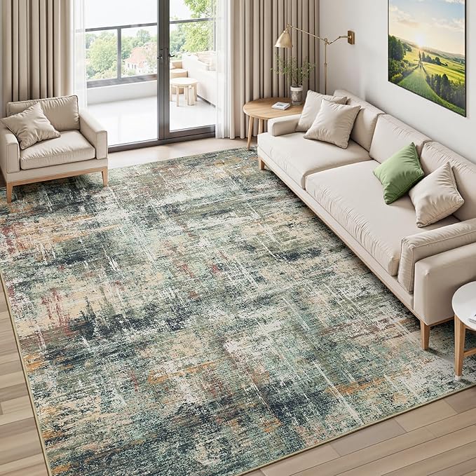 Lofus 5x7 Area Rug for Living Room, Coffee Green Abstract Rugs with Non-Slip Backing, Neutral Modern Washable Carpet for Bedroom Dining Room Home Office Nursery Indoor