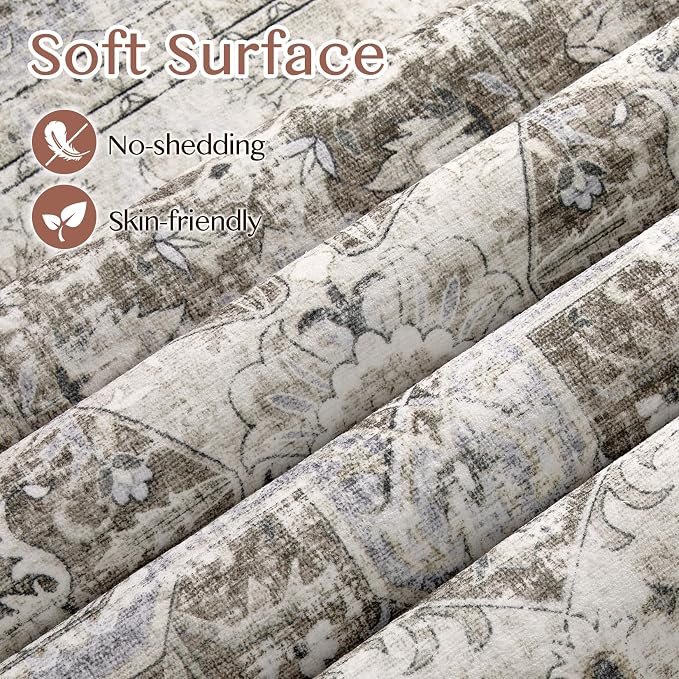 Tortania 8' Square Area Rug Living Room Rugs - Washable Boho Rug Vintage Oriental Distressed Farmhouse Large Thin Indoor Carpet for Bedroom Under Dining Table Home Office - Brown Blue