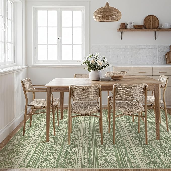 Tortania Area Rug Living Room Rugs - 6x9 Washable Large Soft Neutral Boho Moroccan Bohemian Farmhouse Rug Indoor Floor Carpet for Bedroom Under Dining Table Home Office Decor - Green