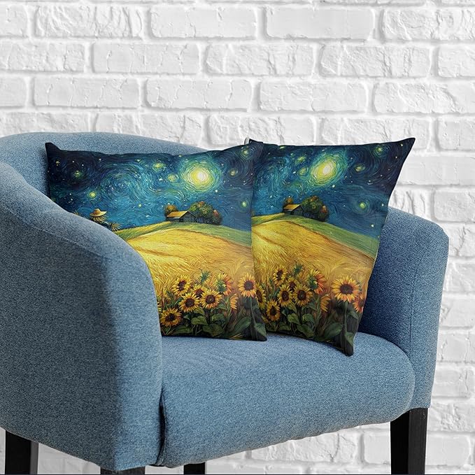 Fall Throw Pillow Covers 16x16 Set of 2 Autumn Sunflower Wheat Field Harvest Pillow Covers Scarecrow Under Van Gogh Starry Night Thanksgiving Pillowcase for Home Decor Couch