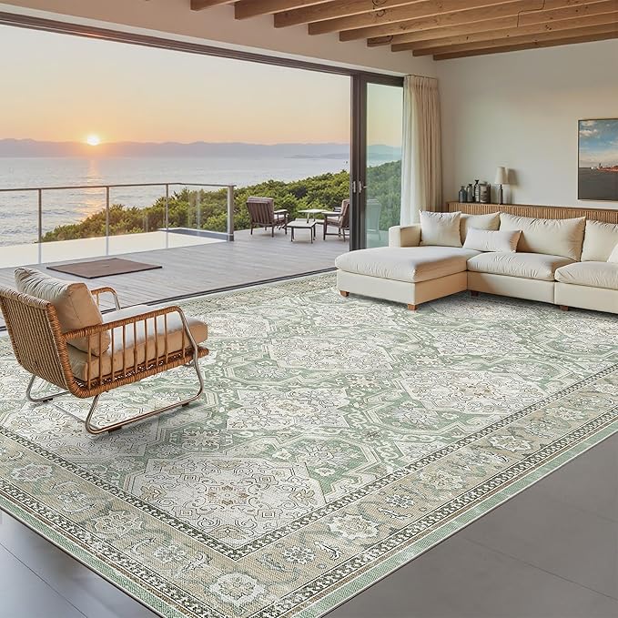 Soalmost 8x10 Area Rugs, Washable Rugs, Large Stain Resistant Area Rug for Living Room Bedroom Dining Room, Vintage Farmhouse Rug Green