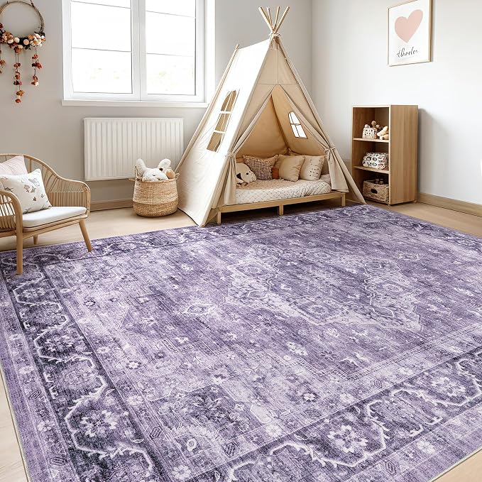 8x10 Area Rugs Living Room: Washable Boho Large Neutral Vintage Soft Rug Stain Resistant Farmhouse Non-Slip Indoor Floor Carpet for Bedroom Nursery Kids Playroom Office Dining Room- Purple