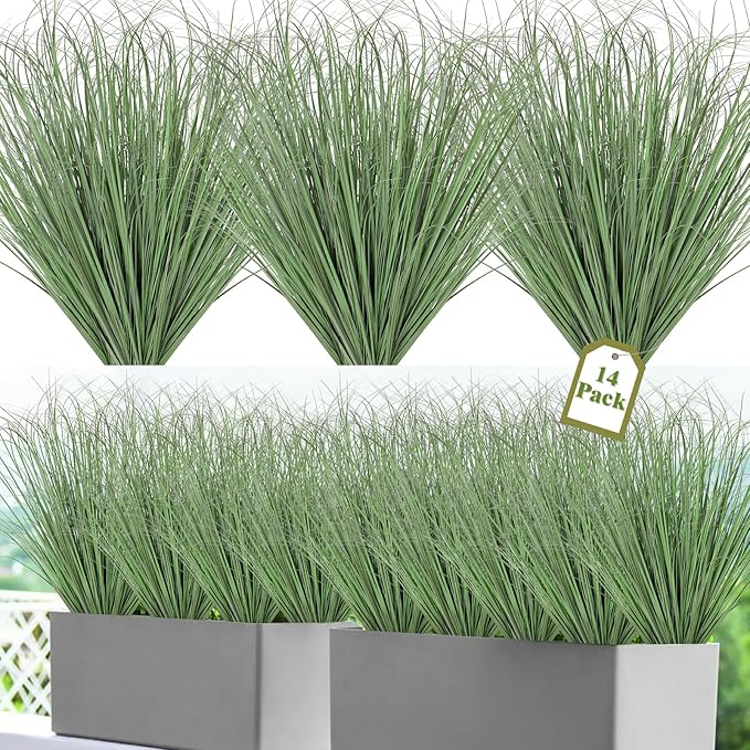 14 Bundles Artificial Plants Onion Grass Outdoor 20 Inch Tall Fake Shrubs Wheat Grass UV Resistant Greenery Stems Faux Bushes Plant for Indoor Outdoor Garden Office Home Decor, Light Green