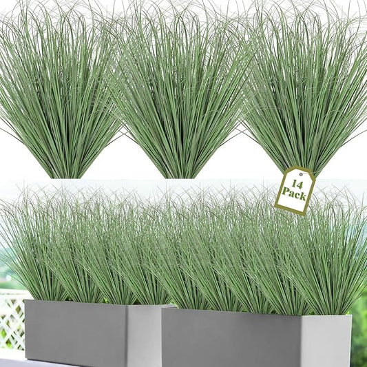 14 Bundles Artificial Plants Onion Grass Outdoor 20 Inch Tall Fake Shrubs Wheat Grass UV Resistant Greenery Stems Faux Bushes Plant for Indoor Outdoor Garden Office Home Decor, Light Green