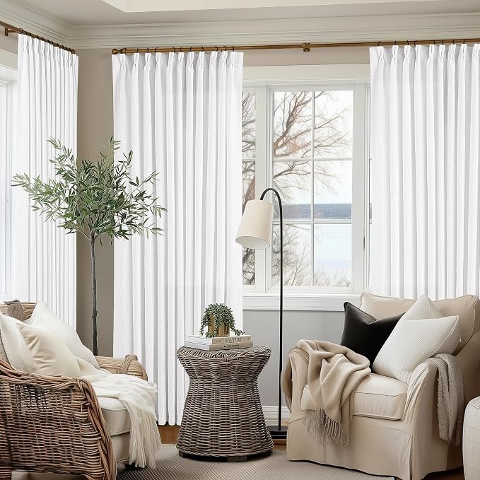 TWODRAPES Extra Wide 108 Inch Long Curtains 70 Inch Wide Pinch Pleat Linen Curtains for Living Room Bedroom Light Filtering Privacy Pleated Drapes Hooks Rings Back Tab for Sliding Door White 1 Panel