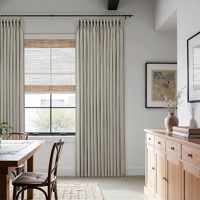 Taupe Linen Curtains 112 Inch Length 2 Panels Set Semi Sheer Light Filtering Privacy Window Drapes for Living Room Dark Flax Viral Pinch Pleated Curtains 112 Inches with Hooks Rings Burlywood Birch